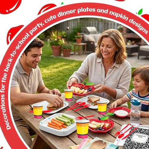 Demonwer 240 Pcs Back to School Party Decoration Apple and Notebook Line Paper Plates Notebook Napkins Pencil Cups Tableware Sets for 30 Guests for First Day of School Party Supplies - Image 5