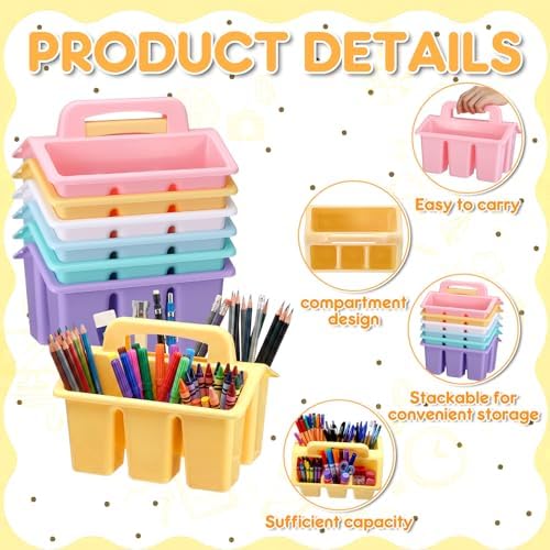 Qunclay 12 Pack Plastic Caddy with Handle Pastel Color 4 Compartment Classroom Caddies Organizer Protable Craft Storage Classroom Caddy Organization for Teachers Pencil Crayon Marker School Supplies - Image 3