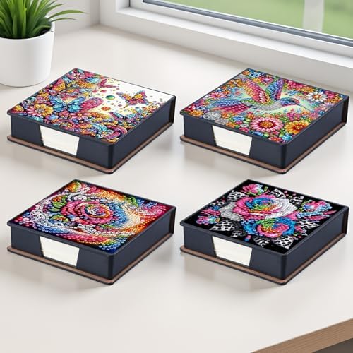 4pcs Flower Bird PU DIY Diamond Art Painting Sticky Notes Holder (640 Blank Notepads) Cube Note Box Mosaic Craft Set for Office Accessories Desk Office Workplace - Image 3