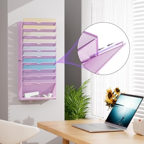 Marbrasse Wall File Holder 11-Tier Hanging Wall File Organizer, for Papers, Files Clipboard & Magazine Organizer, Wall Mount File Holder Great for Office Home (Purple) - Image 5