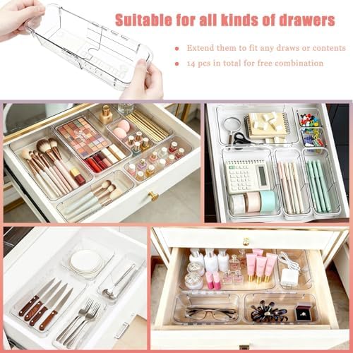 14 PCS Clear Expandable Drawer Organizer Trays for Bathroom & Vanity Drawer - Image 5