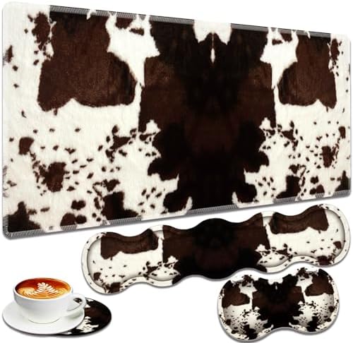 Large Gaming Mouse Pad + Keyboard Wrist Rest + Wrist Support + Coaster Set, Memory Foam Ergonomic for Easy Typing, XXL Extended Gaming Mouse Pad Table Pad - Cow Hide Print by VSHSEEOM