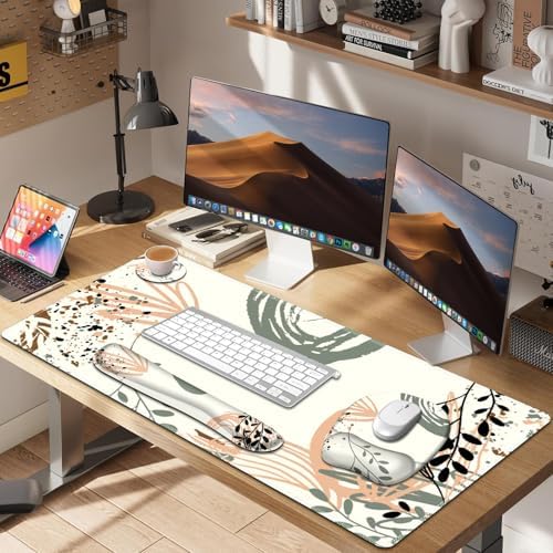 Large Mouse Pad with Wrist Support 4 in1 Set, XXL Big Game Mousepad + Keyboard Wrist Rest+Mouse Wrist Rest+Coaster Ergonomic Gaming Mat for Home Office Table Computer I Modern Boho Leaves - Image 7