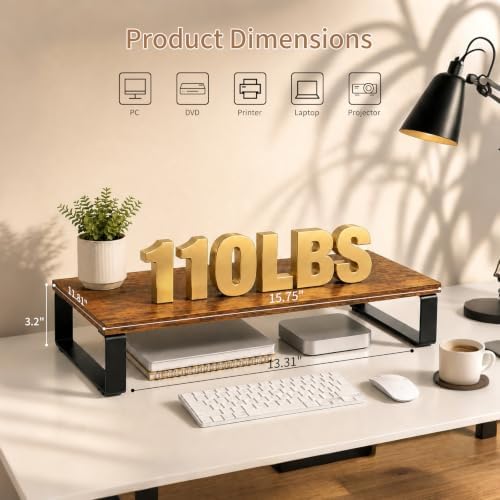 XINYAO 2 Pack Monitor Riser for Desk, Wood and Steel, 16*12*3 inch, Brown - Image 2