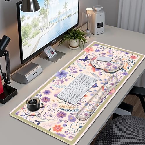 Cute Desk Mat, 4in1 Large Mouse Pad with Wrist Rest, Desk Matt for Desktop, Deskpad Mat, Anti-Slip XXL Computer Ergonomic Mousepad with Wrist Support for Keyboard and Mouse I Retro Purple Floral - Image 2