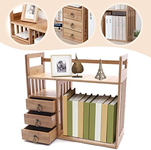 Bamboo Desk Book Shelf,Desktop Bookshelf Storage Rack Tabletop Standing Organizer Bookshelf with 3 Drawers,Freestanding Desk Bookcase for Home Dormitory Offices (Natural) - Image 5