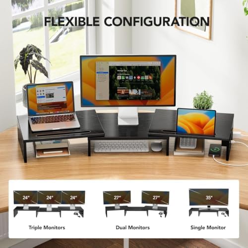 HUANUO Dual Monitor Stand with USB Ports, Adjustable Length & Angle, Black - Image 4