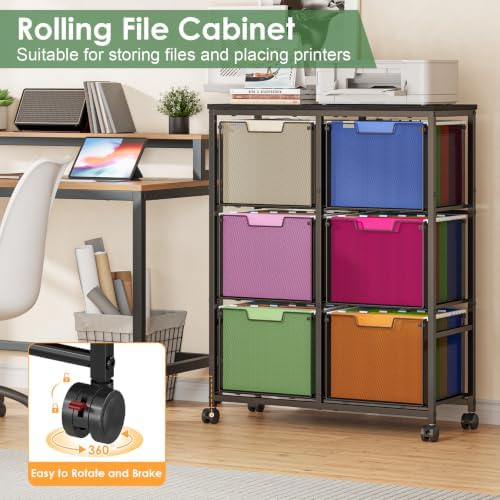 Sbanmao 6 Drawer Lateral File Cabinet with Wheels, Mobile File Cabinet & Printer Stand, Heavy Duty Wood Top for Large Printers, Under Desk Storage Cabinet Fits Letter Size Files for Home Office, Black - Image 3
