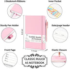 feela 5 Pack Notebooks Journals Bulk, Hardcover Notebook Classic Ruled Lined Journals with Pen Holder for Women Girls School Business Supplies, with 5 Black Pens, 120 GSM, 5.1”x8.3”, A5, Rose Pink - Image 2