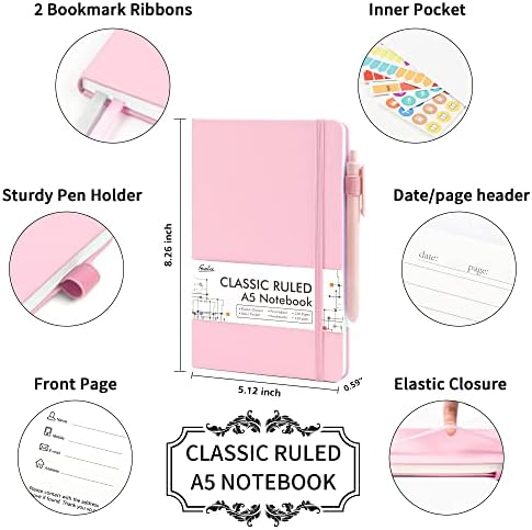 feela 5 Pack Notebooks Journals Bulk, Hardcover Notebook Classic Ruled Lined Journals with Pen Holder for Women Girls School Business Supplies, with 5 Black Pens, 120 GSM, 5.1”x8.3”, A5, Rose Pink - Image 2