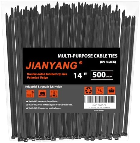 14 Inch Zip Ties Double Sided Toothed (Bulk 500 Pack),100 LBS Tensile Strength Heavy Duty Cable Wire Ties With Self-Locking Adjustable More Durable Nylon Tie Wraps for Indoor Outdoor by JIANYANG