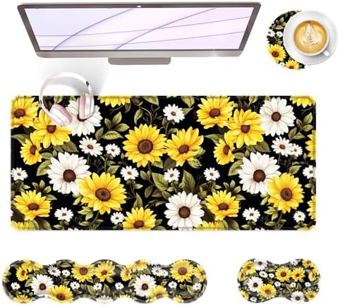 Large Keyboard Mouse Pad Set, Extended Mouse Pad+Keyboard Wrist Rest Support, Memory Foam Ergonomic Easy Typing, 4Pcs (31.5×11.8 in) Desk Pad Set for Office Home,Flower Daisies by Unknown