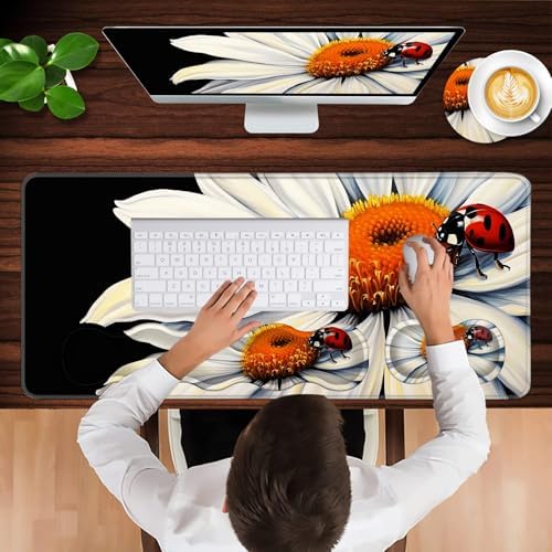 Keyboard Wrist Rest and Mouse Pad with Wrist Support Set Ergonomic Coaster,Memory Foam,Easy Typing Pain Relief,Large XL Desk Mat 31.5"x 11.8",Ladybug on Daisy Flower - Image 4
