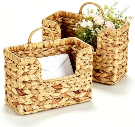 2 Pcs Hanging Magazine Basket, Woven Wall Mail Holder Organizer with Handle by VANEME