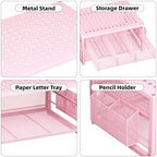 Marbrasse Metal Printer Stand for Desk with Storage Drawer and 2 Pen Holders, 2-Tier Desktop Organizer Printer Table for Home Office, Multi-Purpose Desk Organizer for Fax Machine Scanner Files(Pink) - Image 3