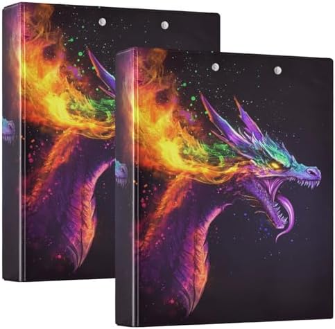 Fantasy Dragon Rainbow Fire Decorative 3 Ring Binder 1.5 Inch Large View Binders with Pockets Holds 200 Sheets File Organizer for Office College School, 2 Pack by Vozoza