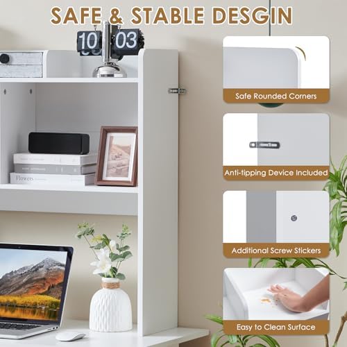 Nromant Desktop Bookshelf, Wooden Desk Storage Hutch with 5 Shelves, 3-Tier Desktop Display Organizer Rack for Office Home (White, 5 Shelves B) - Image 5