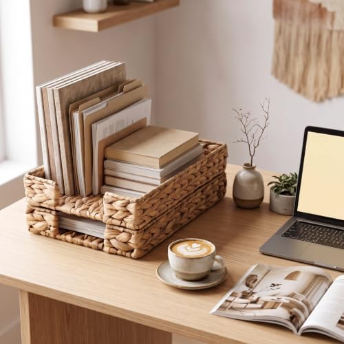 Yeaqee 2 Pcs Stackable Water Hyacinth Letter Tray, 13 x 9.5 x 2 Inch - Image 3