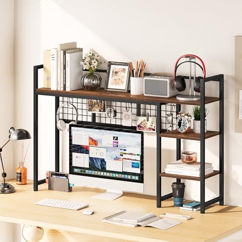 Snughome Desk Shelf, 44.9" Desktop Organizer Shelf, Desk Hutch for Computer Monitor, 4 Tier Desk Display Rack with Pegboard Hooks Set, Wood Desktop Bookshelf for Home Office Dorm - Image 2