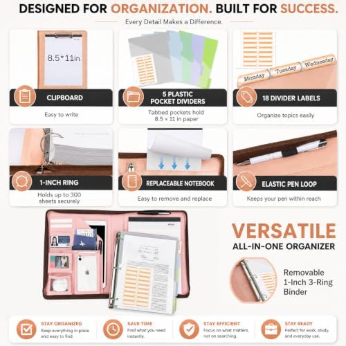 Leather Padfolio Portfolio with Clipboard Storage, Removable 3 Ring Binder 1 Inch Zipper Binder, Document Organizer for Women Men with Notepad, 5 Pocket Dividers, Pen Holder, Rose Gold - Image 3