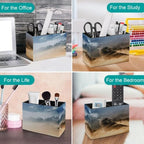 PU Leather Multi-Compartment Pen Holder Desktop Organizer Pencil Cup Storage Caddy for Office Home Supplies Wolf Wolves Yelling to The Sky Stand On Mountains Gray Forests Foggy Secenery - Image 4