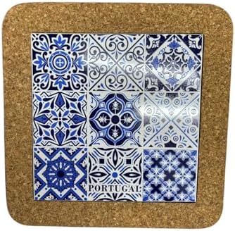 Portugal Azulejo Tiles, Ethnic Portugese Ceramic Tiles - Cork Trivets - Home & Wall Decorations (7.8 Inch - 20cm) (Portugal in Blue White 9 Tiles) by GOLDTON