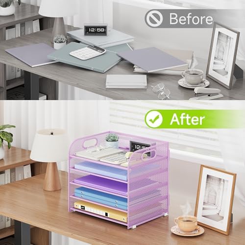 Cawukege 2 Pack 5 Tier Paper Organizer, Letter Tray with Handle, Mesh Desk Organizer, Metal File Organizer, Office Desk Accessories for Home, Office, Classroom, School -Purple - Image 6