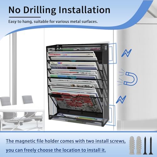 7-Tier Magnetic File Holder, No Drilling Wall File Organizer, Hanging File Organizer, Vertical Holder Rack for File Cabinets, Whiteboard, Refrigerator - Image 3