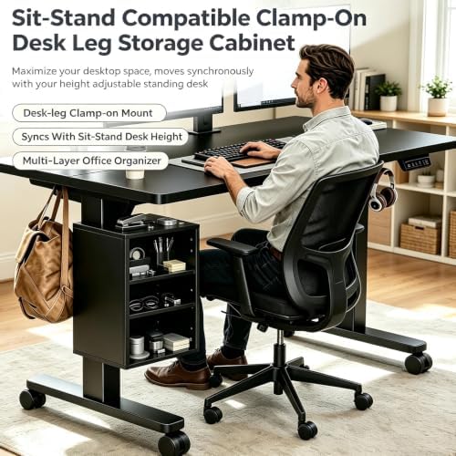 Clamp‑on Desk Leg Shelf, Height‑Adjustable Under Desk Storage Organizer, No Drill Attachable Under Desk Shelf for Standing Desk Accessories, Open 3‑Tier Storage for Home Office Workstation, Black - Image 4