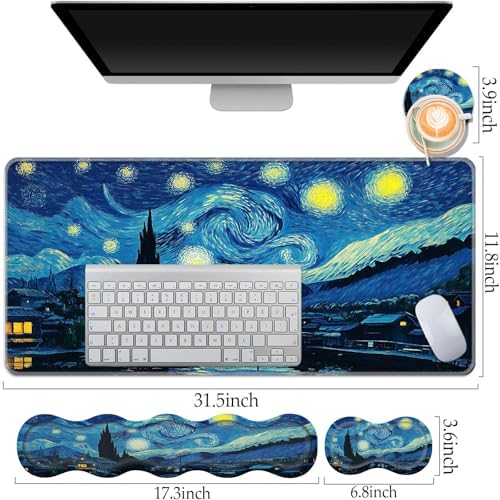 Keyboard Wrist Rest and Mouse Pad Set,31.5x11.8 Inches Desk Mat,Waterproof Non-Slip Ergonomic Wrist Support for Pain Relief,Extended Desk Protector for Office Home Gaming,Starry Night Sky Art - Image 3