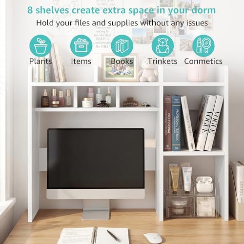 NUTIKAS Desk Hutch White Desktop Bookshelf Shelf - 37 Inch Computer Desk Organizer for Dorm Room, Wood Storage Rack for Home Office Desktop Display Shelves, Small Bookcase for Top of Desk - Image 6