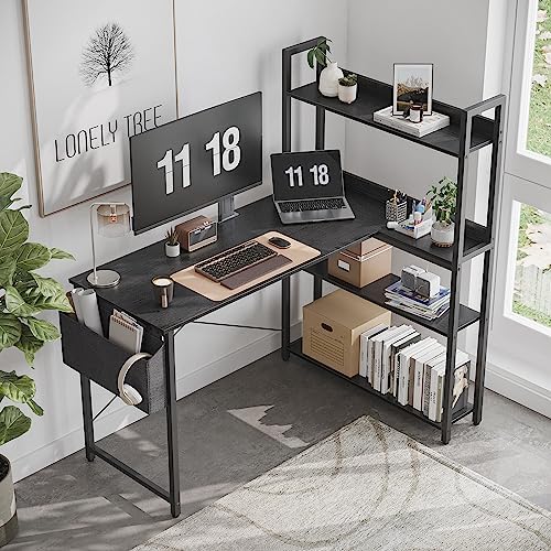 Treesland 55 Inch Small L Shaped Desk, Corner Desk with Bookshelf, Home Office Desk, Writing Study Desk for Bedroom, Black - Image 2