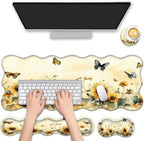 4 in 1 Desk Mat Set,Mouse Pad with Keyboard Wrist Rest,Wave-Shaped Design,Non-Slip Rubber Base,Waterproof,for Home,Office,Gaming,Sunflower Butterfly by FGDRFGRW