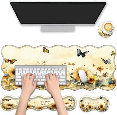 4 in 1 Desk Mat Set,Mouse Pad with Keyboard Wrist Rest,Wave-Shaped Design,Non-Slip Rubber Base,Waterproof,for Home,Office,Gaming,Sunflower Butterfly by FGDRFGRW