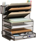 Mind Reader Mesh Desk Organizer, 6 Compartments, 1 Drawer, 2 Pen Cups, Office Desktop Organizer, Metal Mesh, Black by MindReader