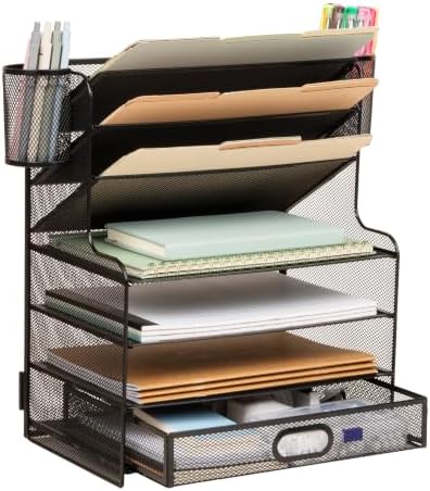 Mind Reader Mesh Desk Organizer, 6 Compartments, 1 Drawer, 2 Pen Cups, Office Desktop Organizer, Metal Mesh, Black by MindReader