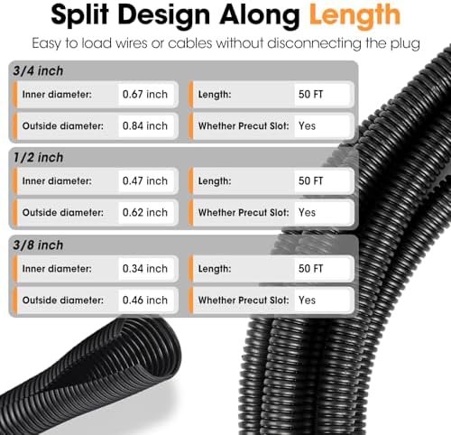 Wire Loom 3/8", 1/2", 3/4 Inch x 50 FT, Split Wire Loom Tubing Wire Conduit, Wire Protector Tubing, Cable Sleeves Bulk, Black - Image 3