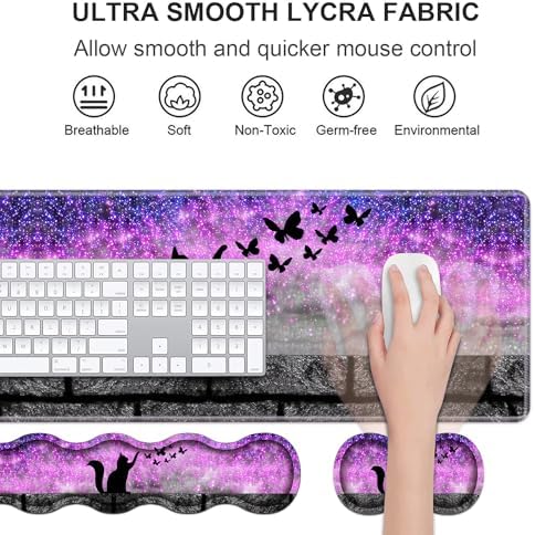 Ergonomic Keyboard Wrist Rest & Mouse Pad Wrist Rest Set, Large XXL Gaming Desk Mat 31.5"x 11.8" with Non-Slip Base, Memory Foam, Easy Typing Pain Relief for Home & Office, Black Cat and Butterfly - Image 3