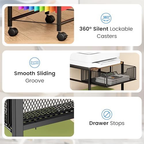 Cawukege 3 Tier Printer Stand, Small Mobile Table with Wheels, Printer Shelf Rolling Cart with Storage Desk Organizer Hanging File for Office Home, Brown - Image 6