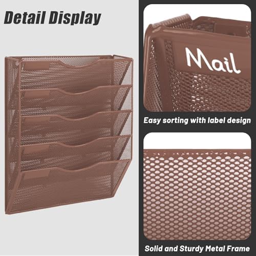 EASEPRES 5 Pocket Mesh Hanging Wall File Organizer, Wall Mounted Mail Paper Document Folder Holder, Clipboard Storage Organization Magazine Rack with Nametag Label for Office Home School, Brown - Image 4