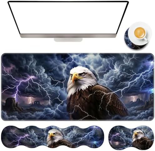 TGFEWYTJYJ Extended Gaming Mouse Pad,Memory Foam Ergonomic Keyboard Mouse Wrist Rest Support Set,Large Desk Mat with Stitched Edges,Non-Slip Base Mousepad Home Office,Bald Eagle Lightning by GFEWYTJYJ