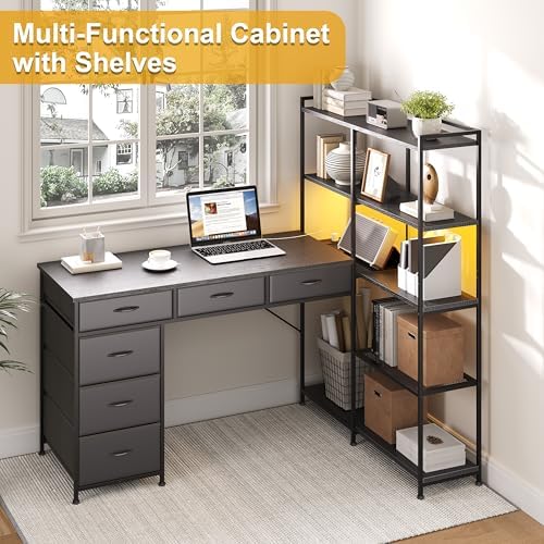 Garvee L Shaped Gaming Computer Desk with 6 Fabric Drawers, Corner Gaming Desk with Open Shelves, Home Office PC Table with Power Outlets & LED Lights, 58.3" l*54.3" h, Black - Image 4