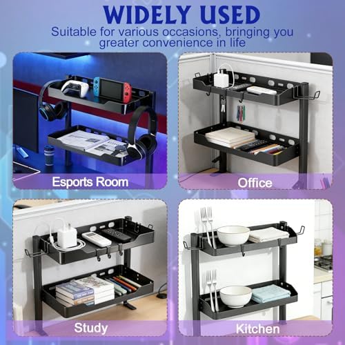 2-Tier Clamp on Desk Shelf, Dual-purpose Desk Organizer (Used on or Under Desk Storage), Desk Shelf Clamp with Hooks and High Load-bearing capacity, Suitable for Office Desk, Gaming Accessories - Image 7