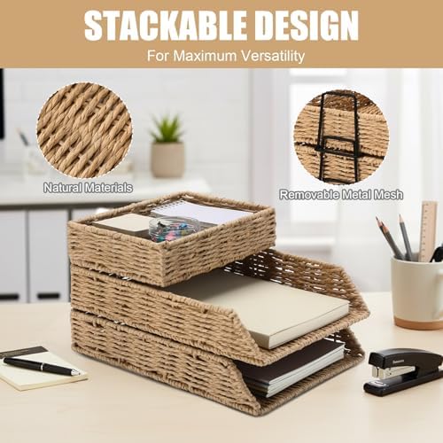 Geelin 3 Pack Paper Rope Woven Stackable Letter Paper Tray, Primary - Image 4