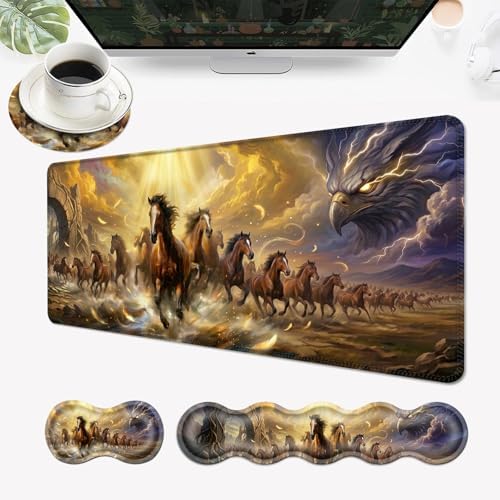 Desk Mat, Mouse Pad with Wrist Rest, 4-in-1 Large Mouse Pads for Desk, Ergonomic Mouse Pad and Keyboard Wrist Rest Gaming Keyboard Mat for Office,Running Horse by EFGWSDER