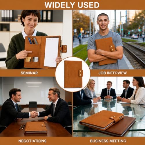 Personalized Leather Portfolio Organizer for Men Women Professional Padfolio A5 Binder Resume Document Holder Refillable Writing Journal Binder for Business Meetings Travel (Tan) - Image 6