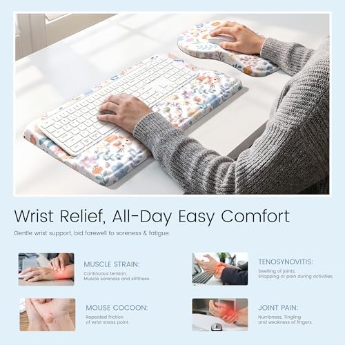 Ospelelf Keyboard Wrist Rest and Mouse Pad Set, Ergonomic Memory Foam Wrist Support, Aesthetic Desk Accessories for Office, Home & Gaming, Relief for Carpal Tunnel & Wrist Pain,Floral Cat - Image 2