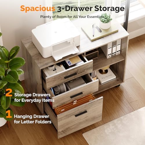 VINGLI 3 Drawer Wood Lateral File Cabinet with Adjustable Shelves & Locking Wheels, Printer Stand with Drawers for Letter Files, Sturdy File Cabinets for Home Office, Study & Business, Rustic Gray - Image 4
