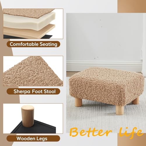 Small Foot Stool Ottoman, Sherpa Footstool Ottoman Foot Rest for Couch, Rectangle Footstools and Ottomans Small for Living Room, Entryway and Bedroom (Light Brown) - Image 4