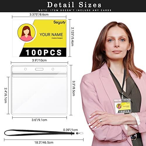 Segarty Lanyards with ID Holder, 100 Pack Horizontal Clear Plastic Badge Name Tags Key Card Holder, Black Strap Clips Waterproof Ziplock Nametag Protector for Women, Business, Office - Image 2